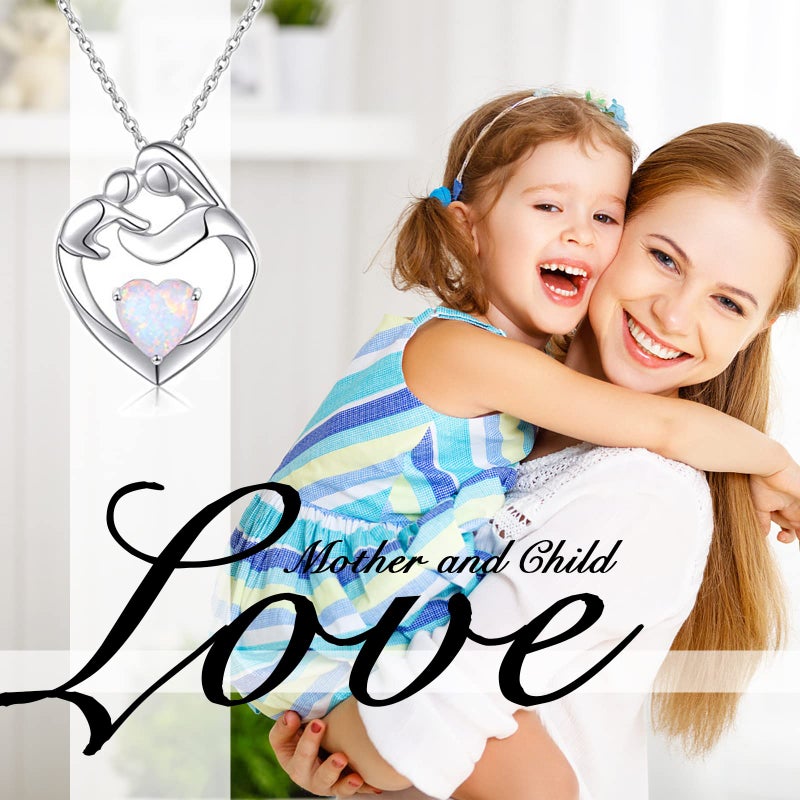 FLYOW Mom Gifts 925 Sterling Silver Mother and Daughter/Son Heart Lab Opal Pendant Necklace Jewelry for Women, Adjustable Silver Chain 18+2 Inches (Silver) - Image 4